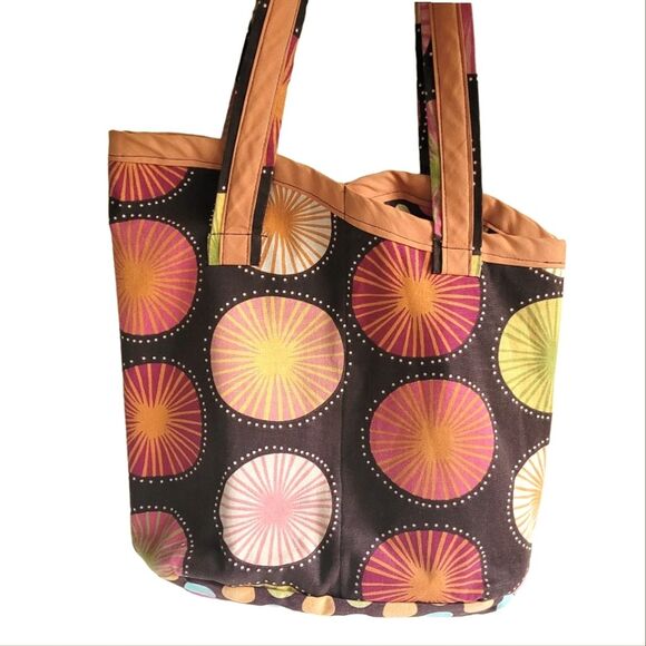 Retro 70s Shouder Bag Tote Brown & Orange with Circles Polka Dots - Picture 1 of 5